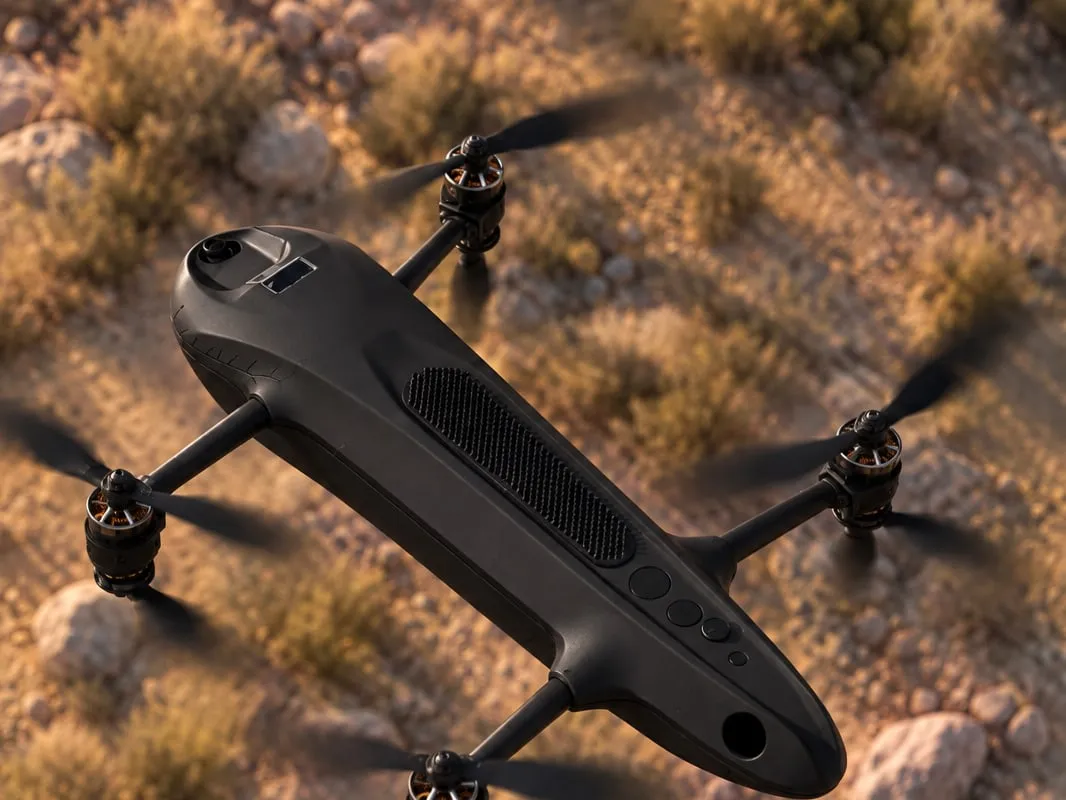 A black multirotor drone in flight over desert scrub, seen from above.